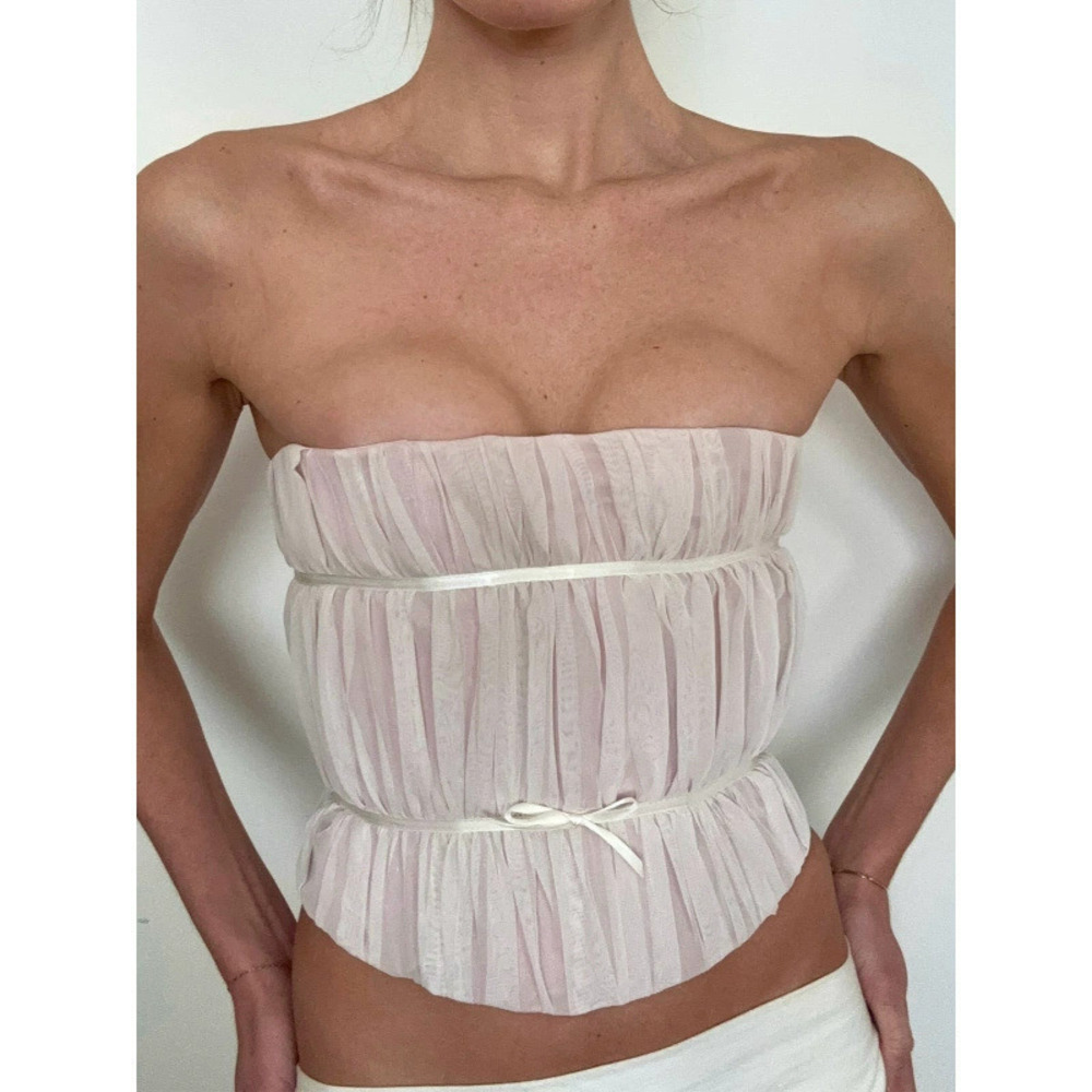 Zara Summer Ruched Straight Neckline Sleeveless Crop Tie Waist Tube Top